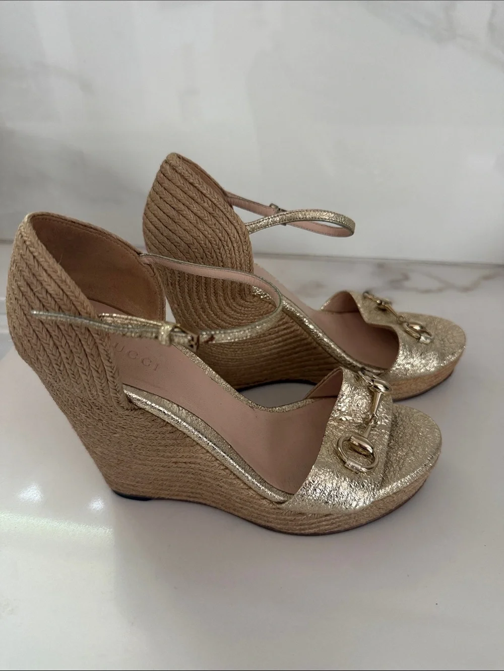 Gucci Gold Metallic Wedge horsebit Sandals- Sz 37/7
